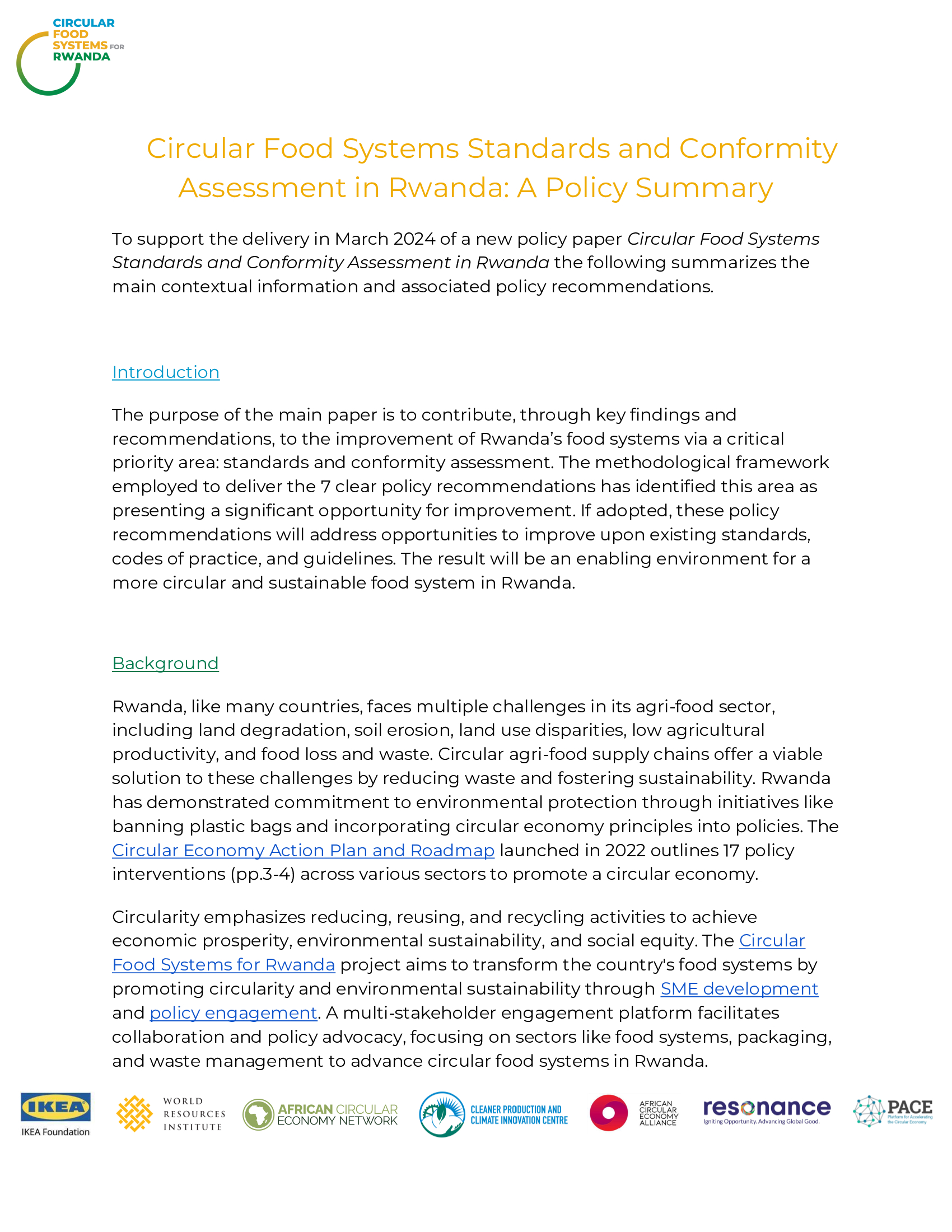 Circular Food Systems Standards and Conformity Assessment in Rwanda: A Policy Summary